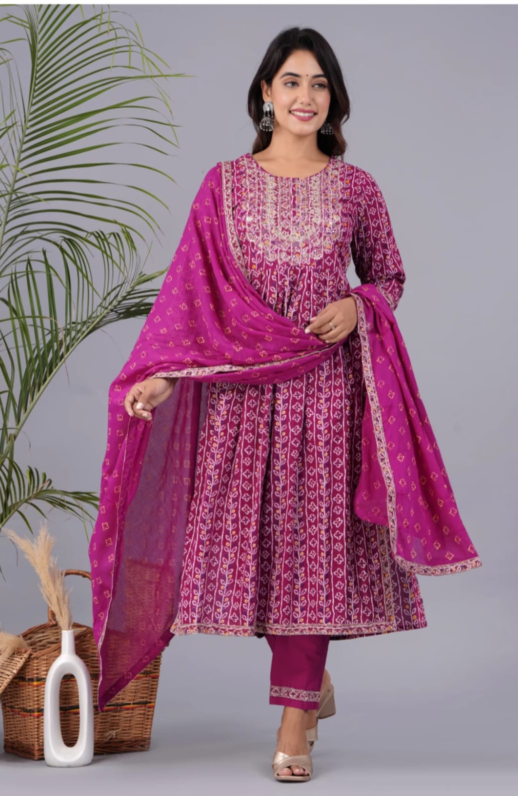 Wine Cotton Naira cut Embroidery Kurta With Dupatta Set