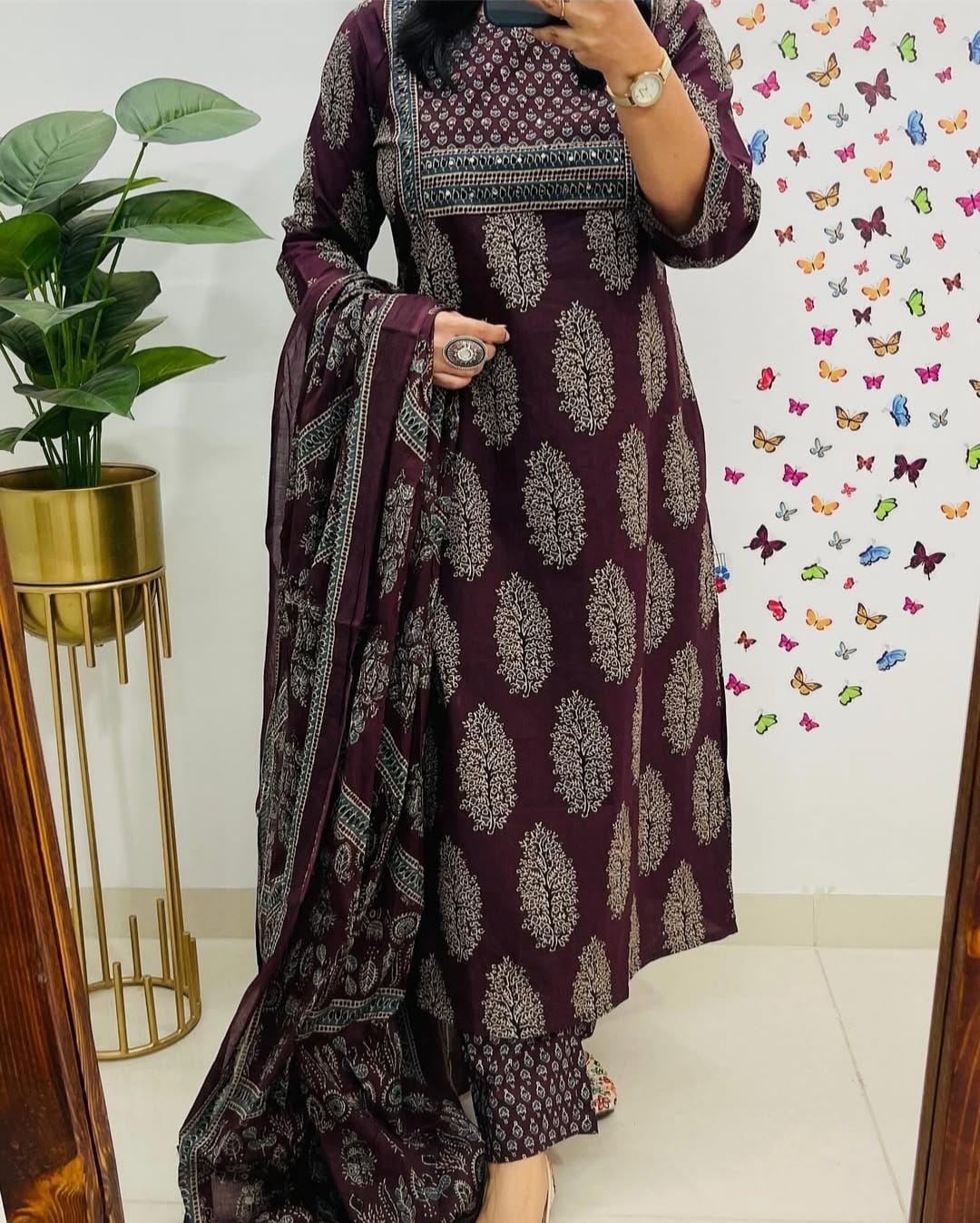 Pure Cotton Kurta Pant Dupatta Set New Printed Meroon