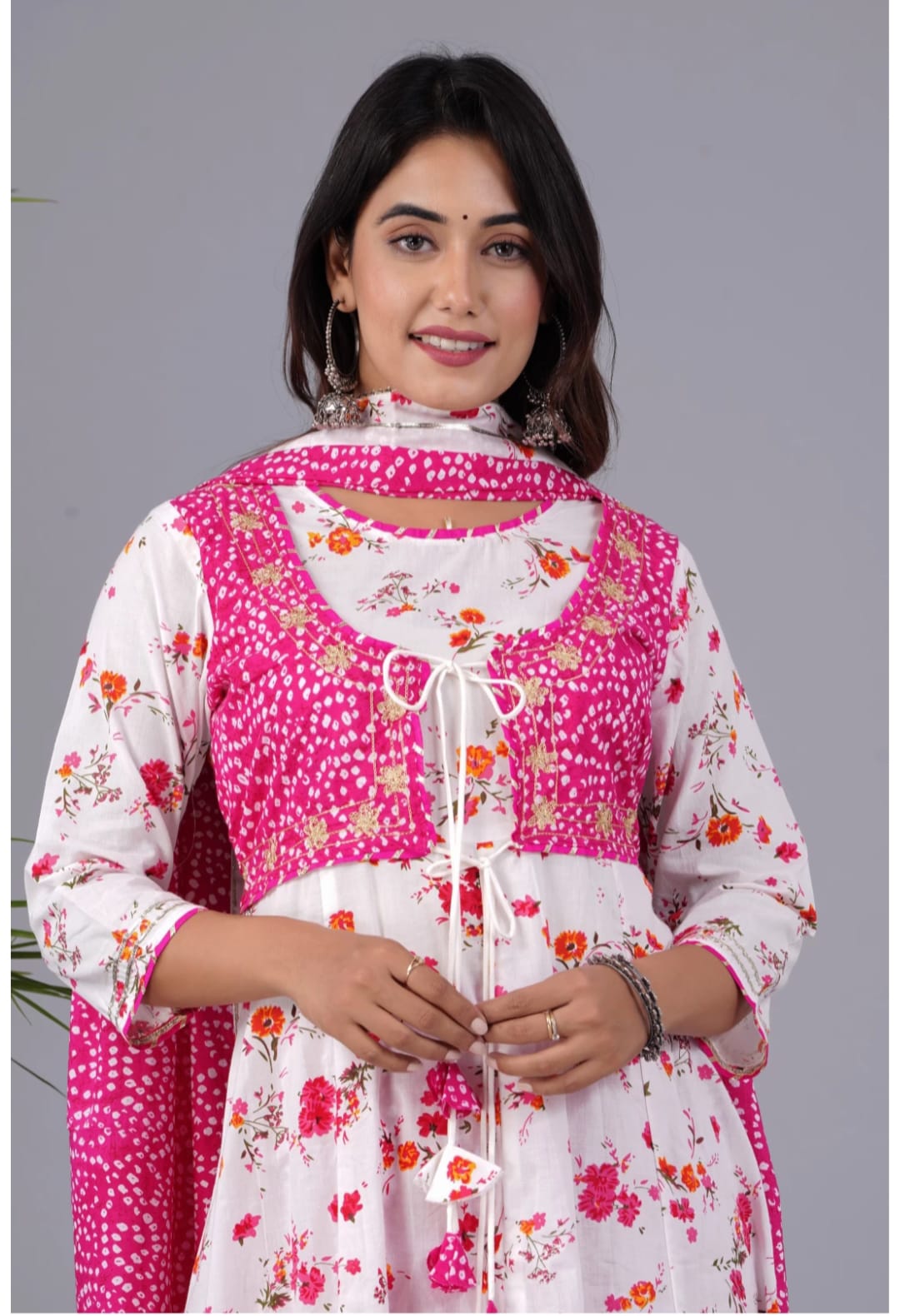 Pink Flower Cotton Printed Long Gown and Pant with Dupatta
