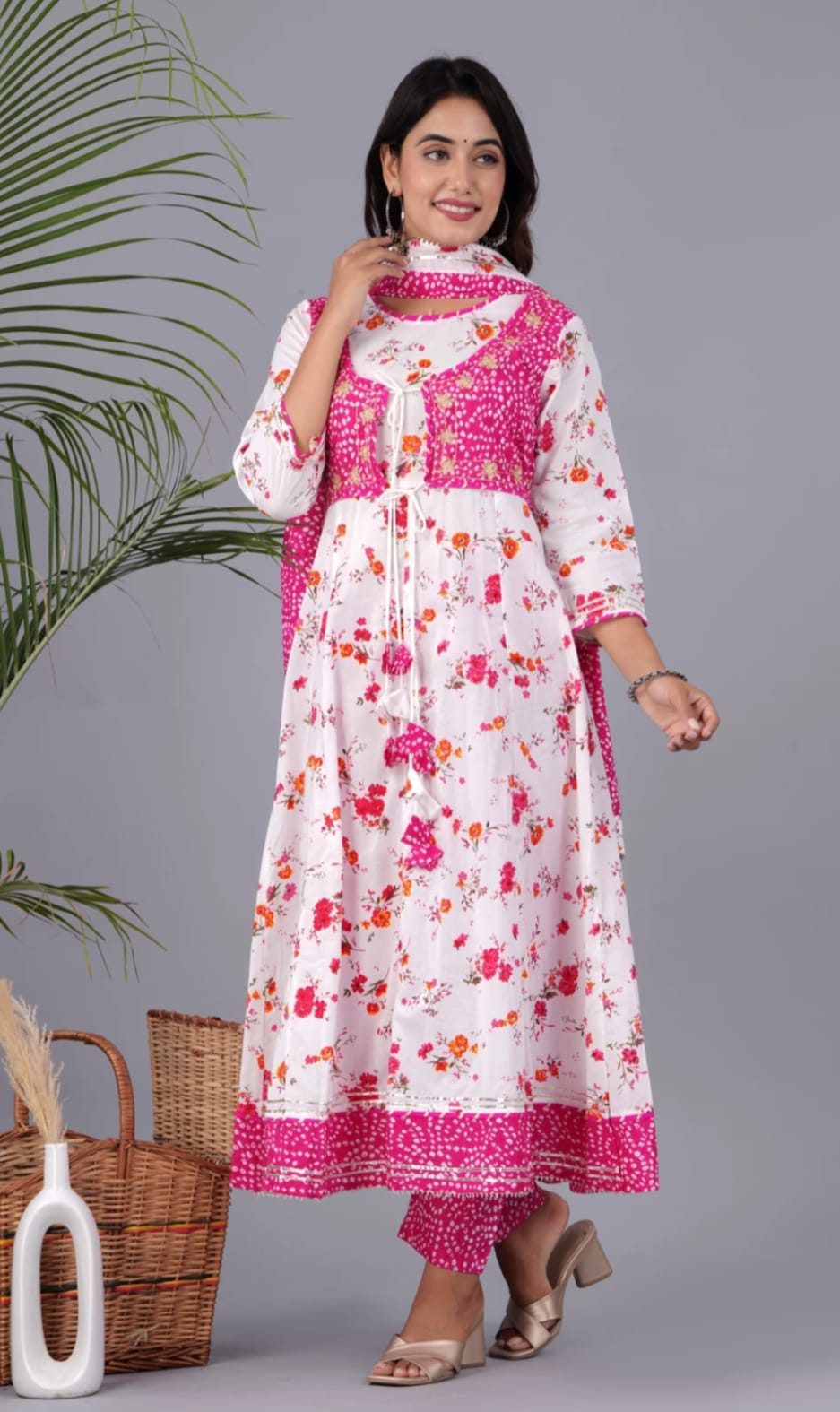 Pink Flower Cotton Printed Long Gown and Pant with Dupatta