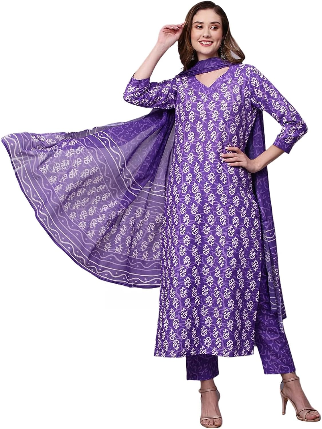 Cotton Printed Dabu Print Kurta Pant Dupatta Set Purple