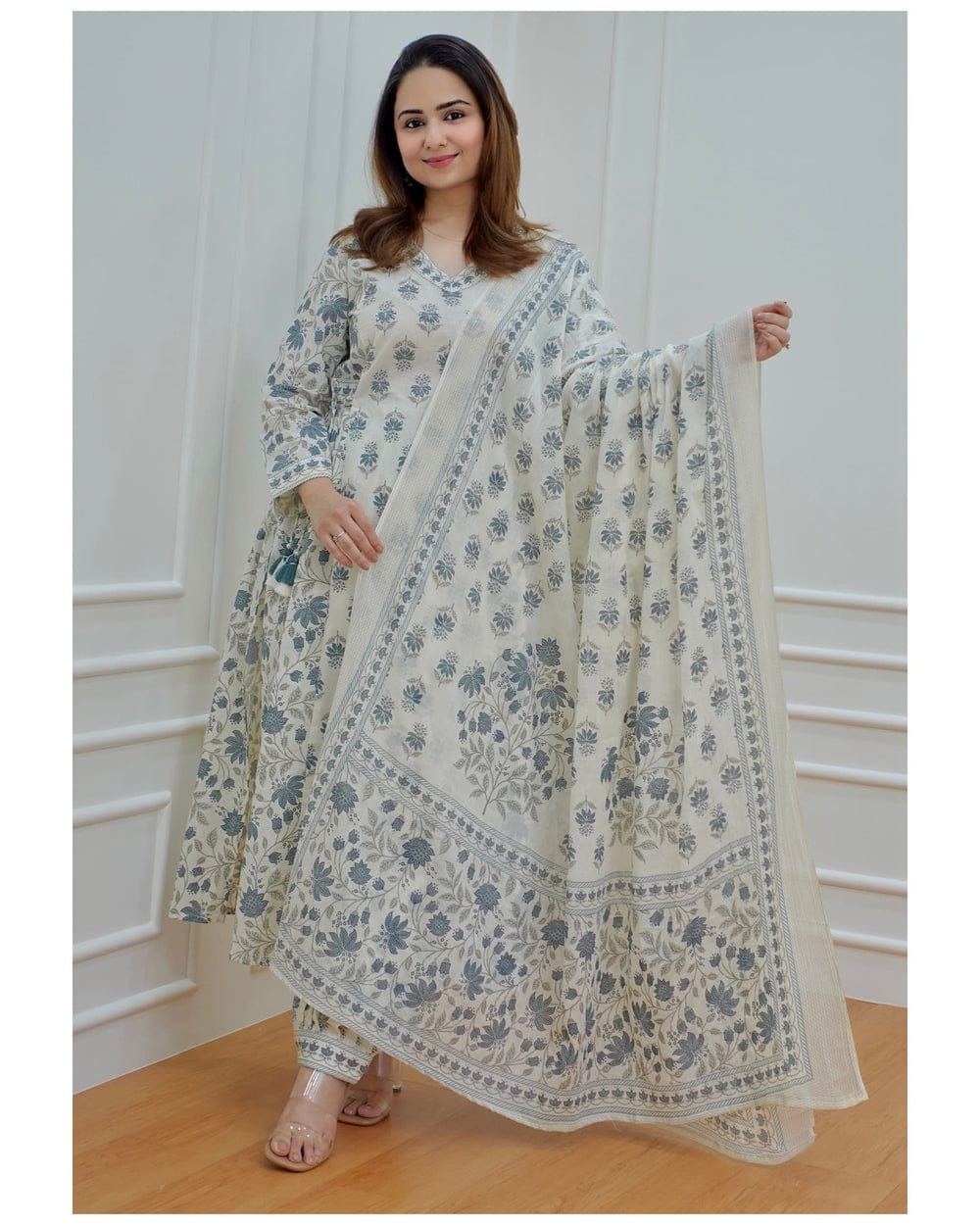 Cotton Kurta and Pant with Dupatta Grey Off White