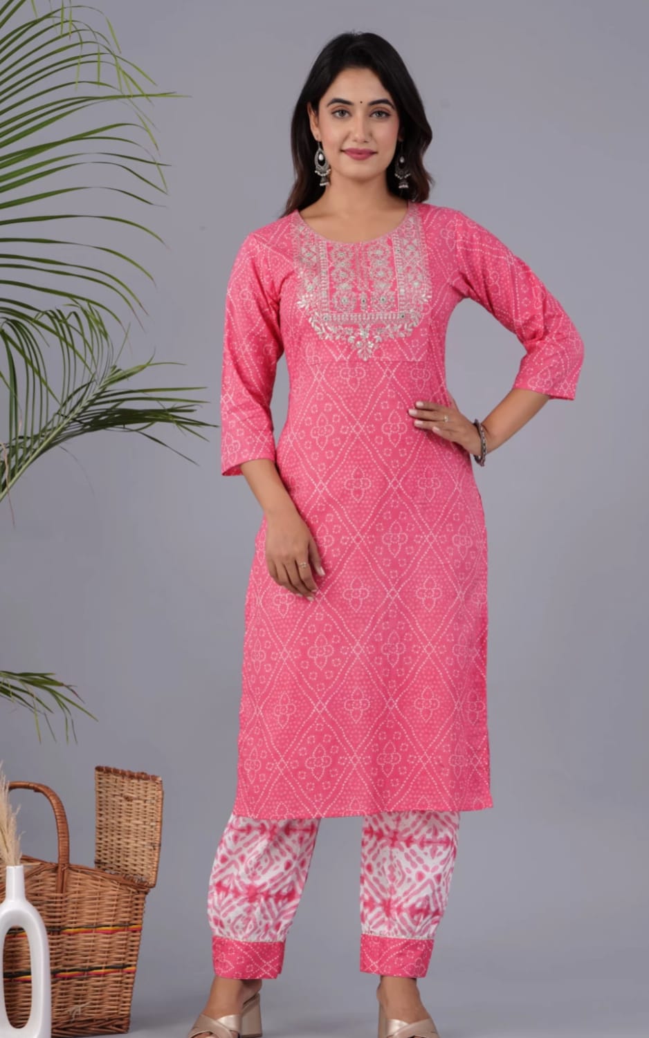 Pink Cotton Afghani Printed Embroidery Kurta and Pant with Dupatta
