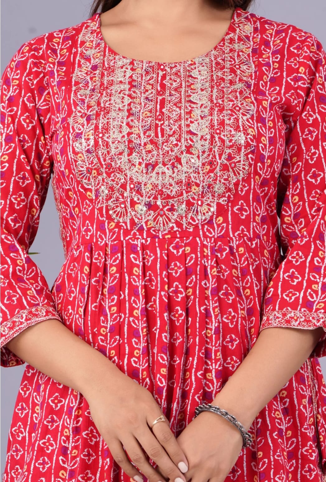 Red Cotton Naira cut Embroidery Kurta With Dupatta Set