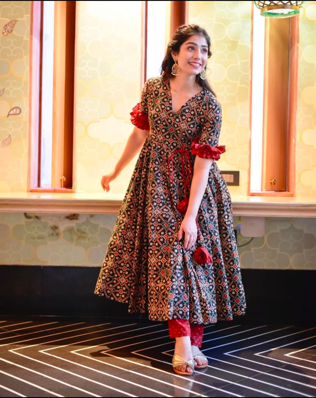 Cotton Patola Gown Print Flaired Kurti With Pant