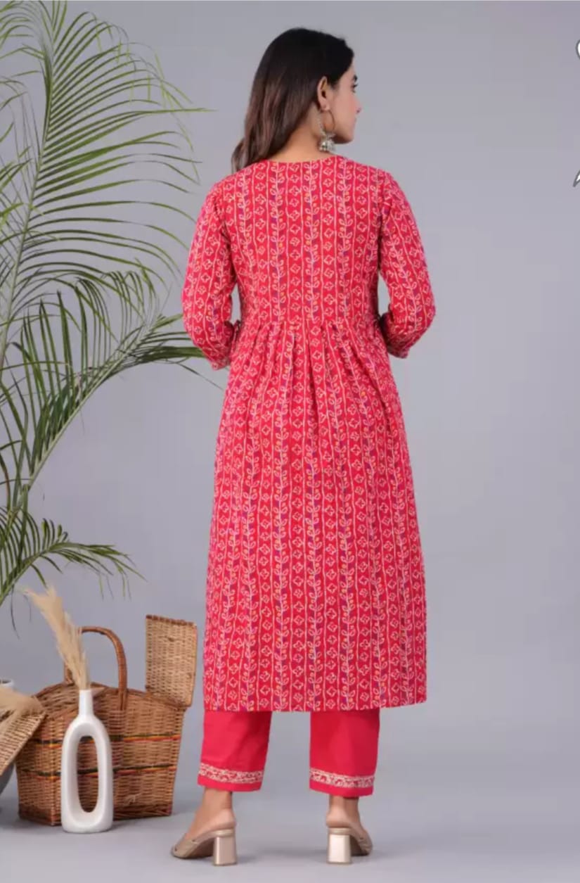 Red Cotton Naira cut Embroidery Kurta With Dupatta Set