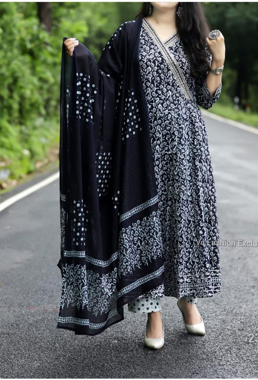Black Cotton Angrakha Style Flared Kurta and Pant with Dupatta
