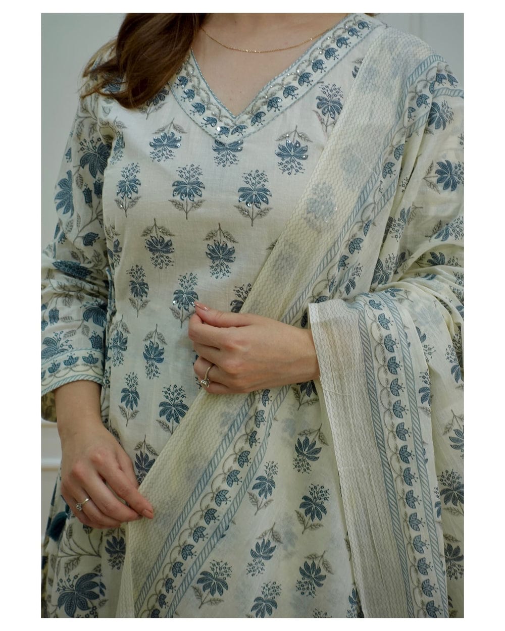 Cotton Kurta and Pant with Dupatta Grey Off White