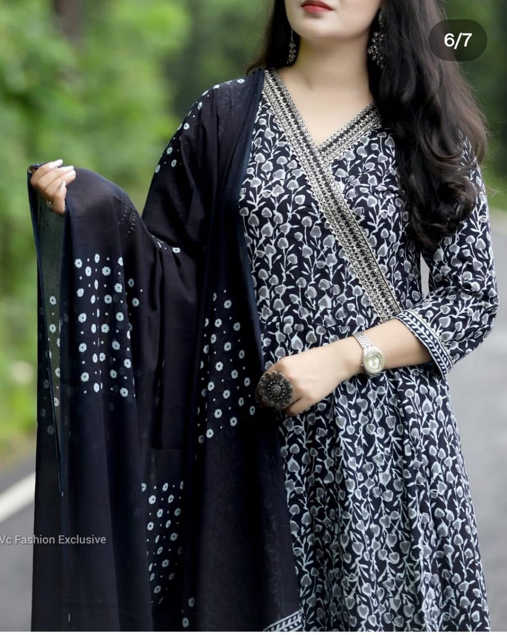 Black Cotton Angrakha Style Flared Kurta and Pant with Dupatta