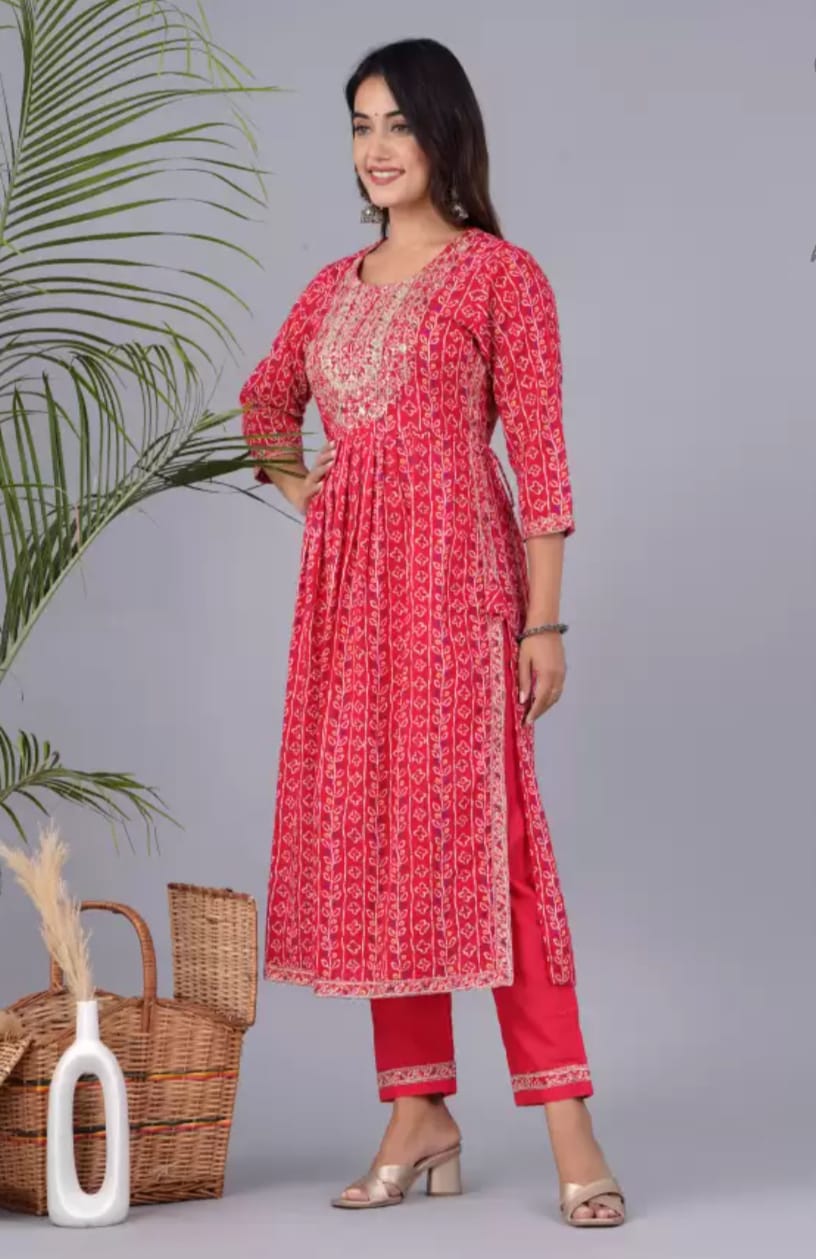 Red Cotton Naira cut Embroidery Kurta With Dupatta Set