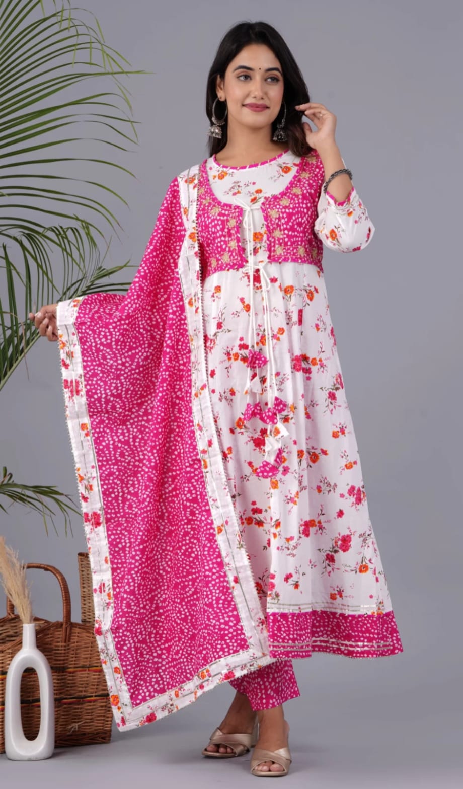 Pink Flower Cotton Printed Long Gown and Pant with Dupatta