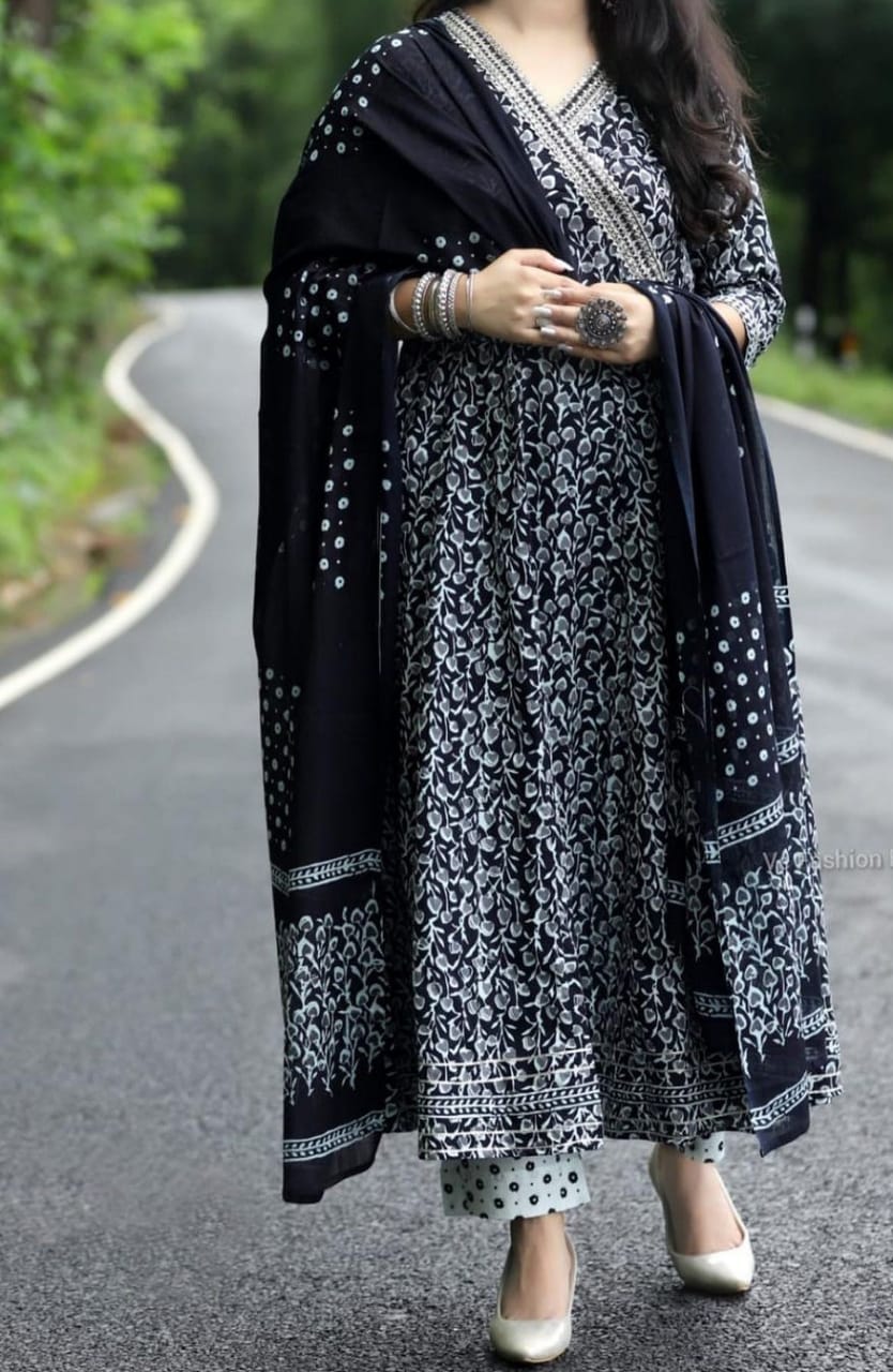 Black Cotton Angrakha Style Flared Kurta and Pant with Dupatta