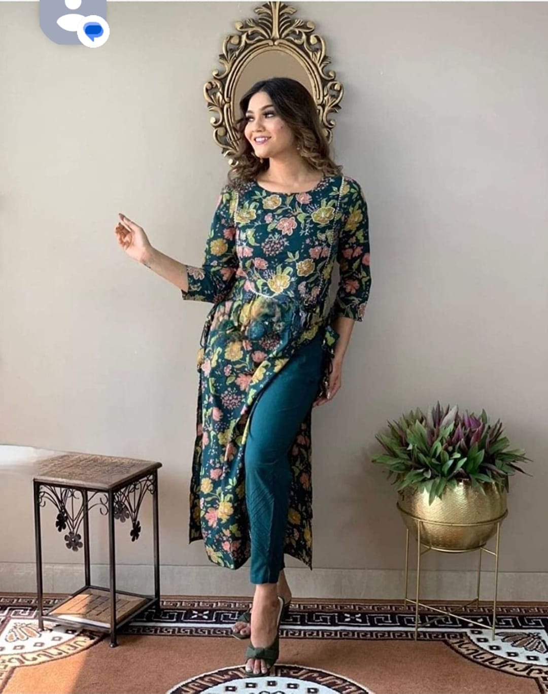 Rayon Green Flower Naira Cut Kurta Pant