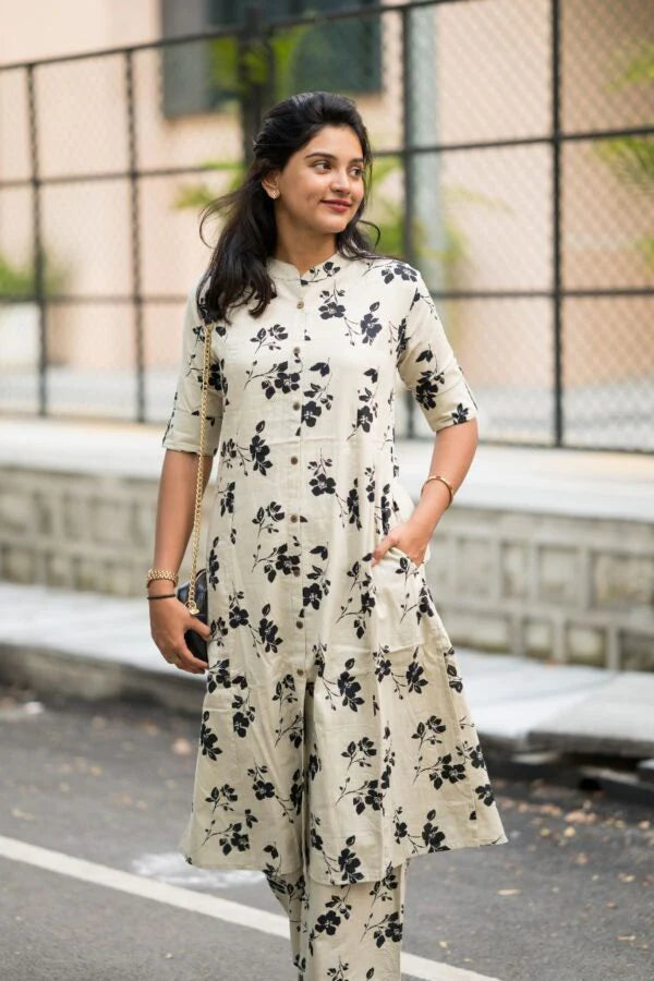 New Printed Kurta Pant Set Black Flower