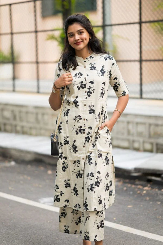 New Printed Kurta Pant Set Black Flower