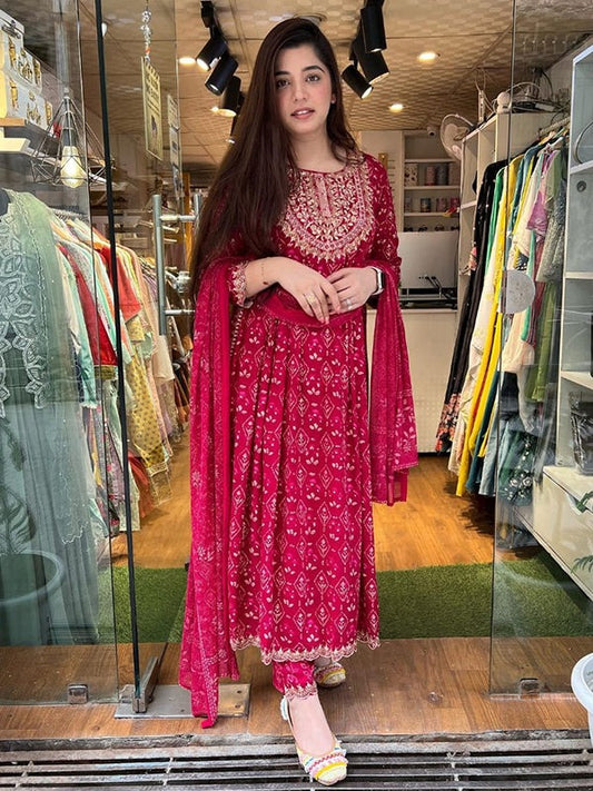 Red Rayon Naira Cut Embroided Kurta and Pant with Dupatta