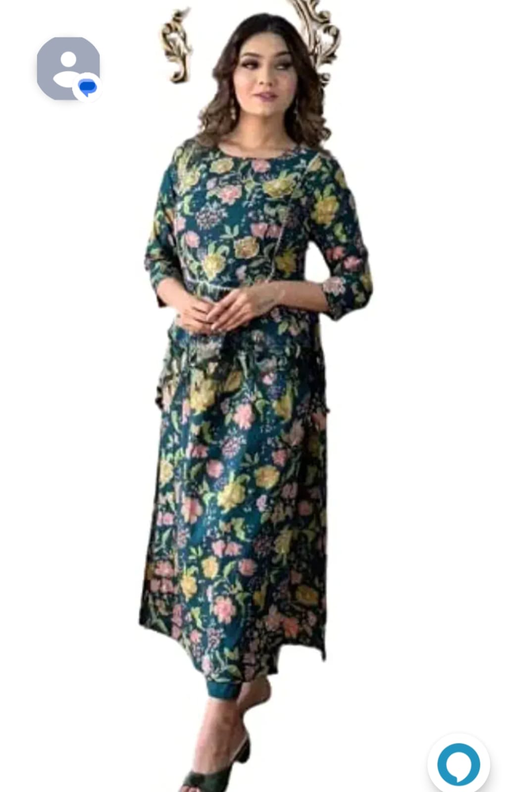 Rayon Green Flower Naira Cut Kurta Pant