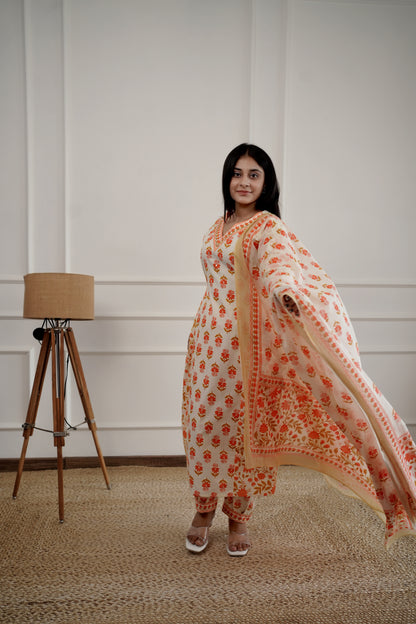 Off White Orange Cotton Kurta and Pant with Dupatta