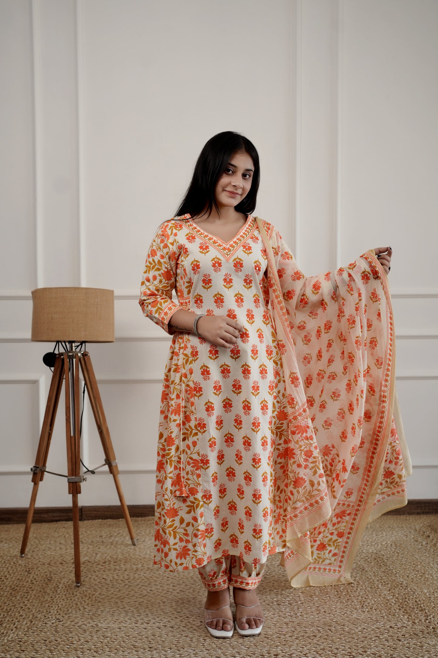 Off White Orange Cotton Kurta and Pant with Dupatta