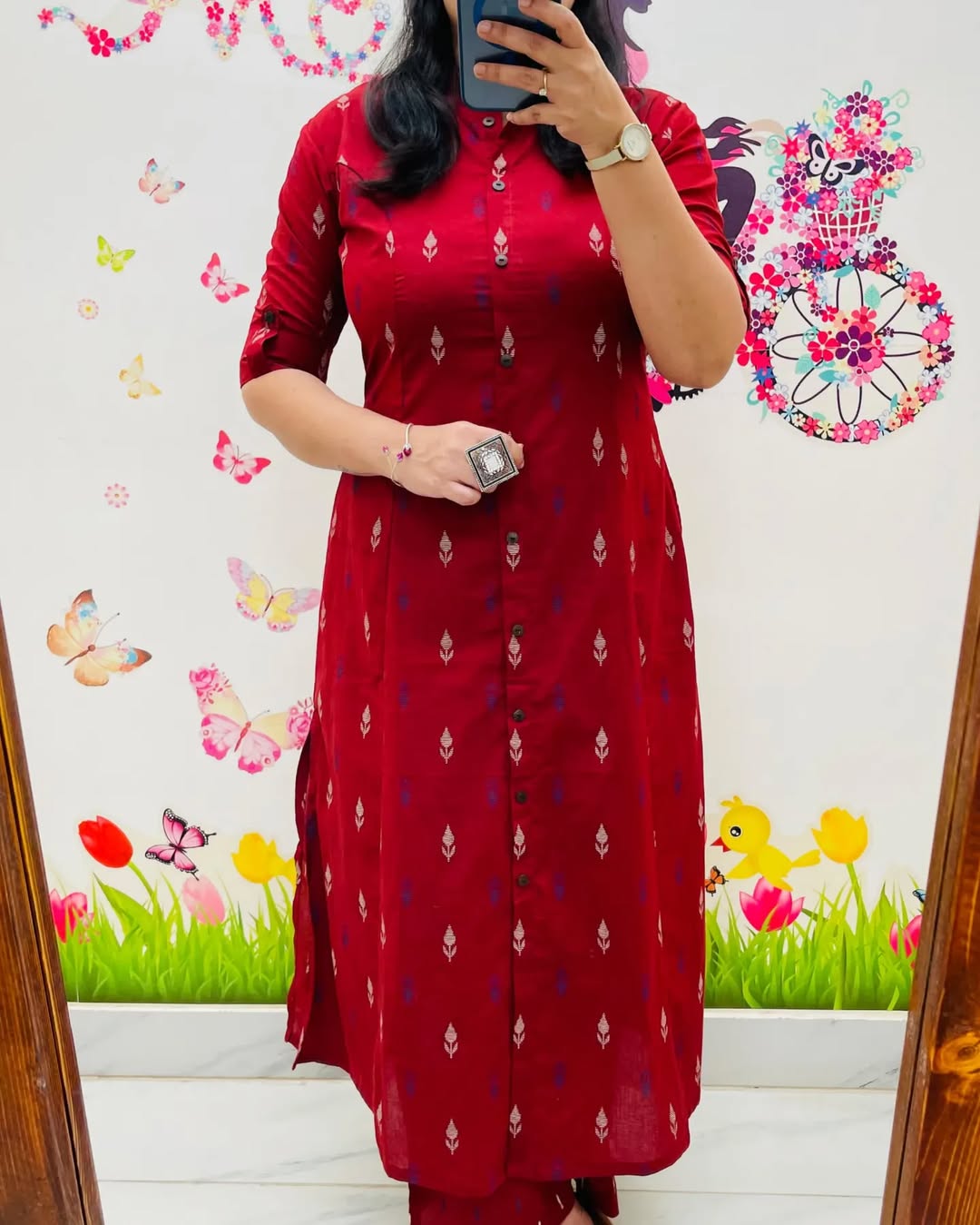 Pure Cotton New Printed Kurta Pant Set Red Dot