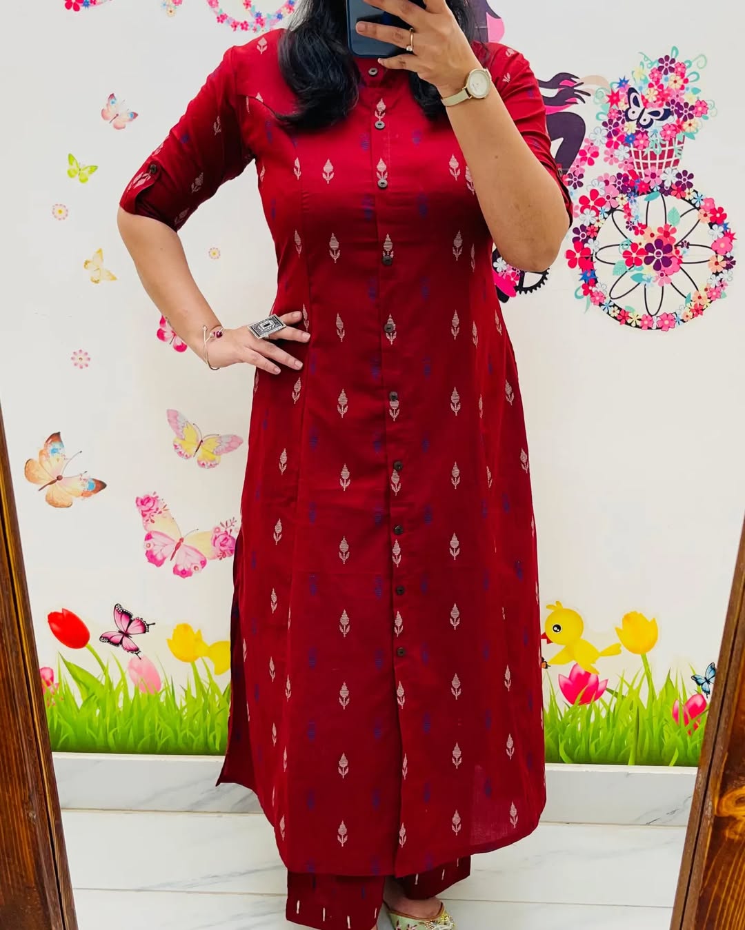 Pure Cotton New Printed Kurta Pant Set Red Dot