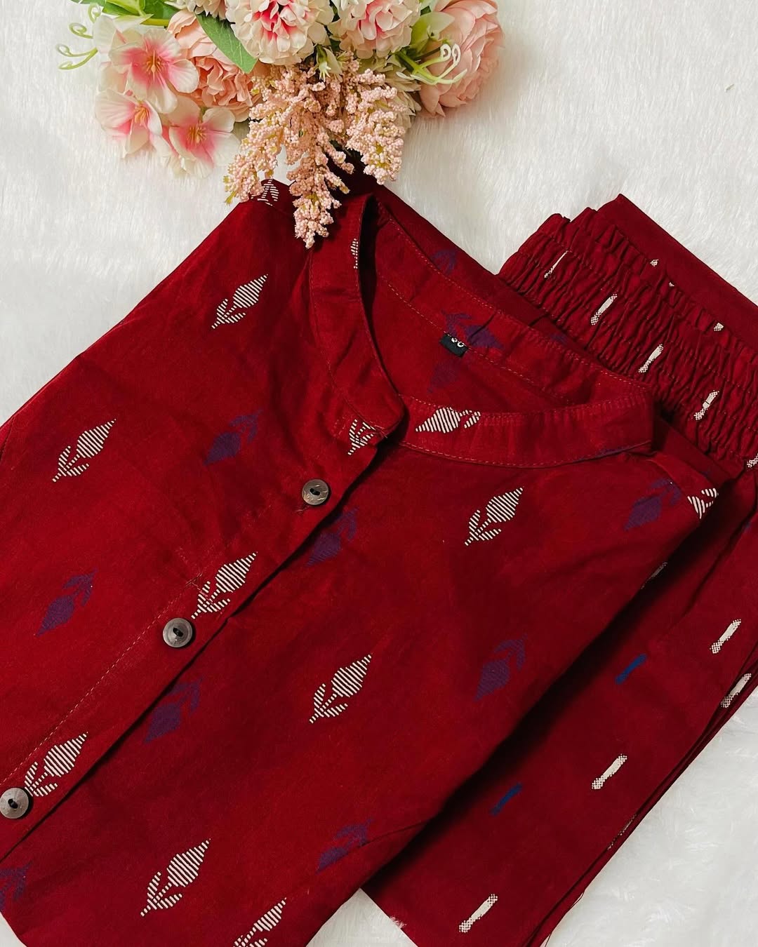 Pure Cotton New Printed Kurta Pant Set Red Dot
