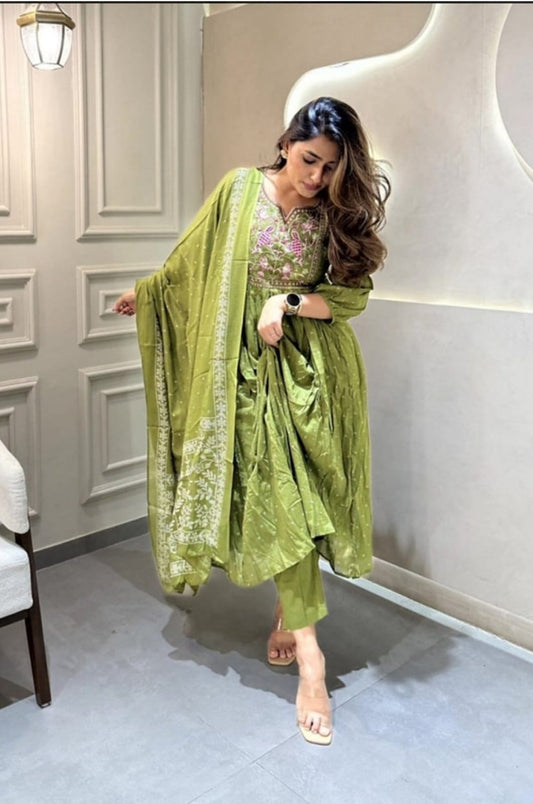 Cotton New Designer Kurta Pant And Dupatta Set  Green Anarkali