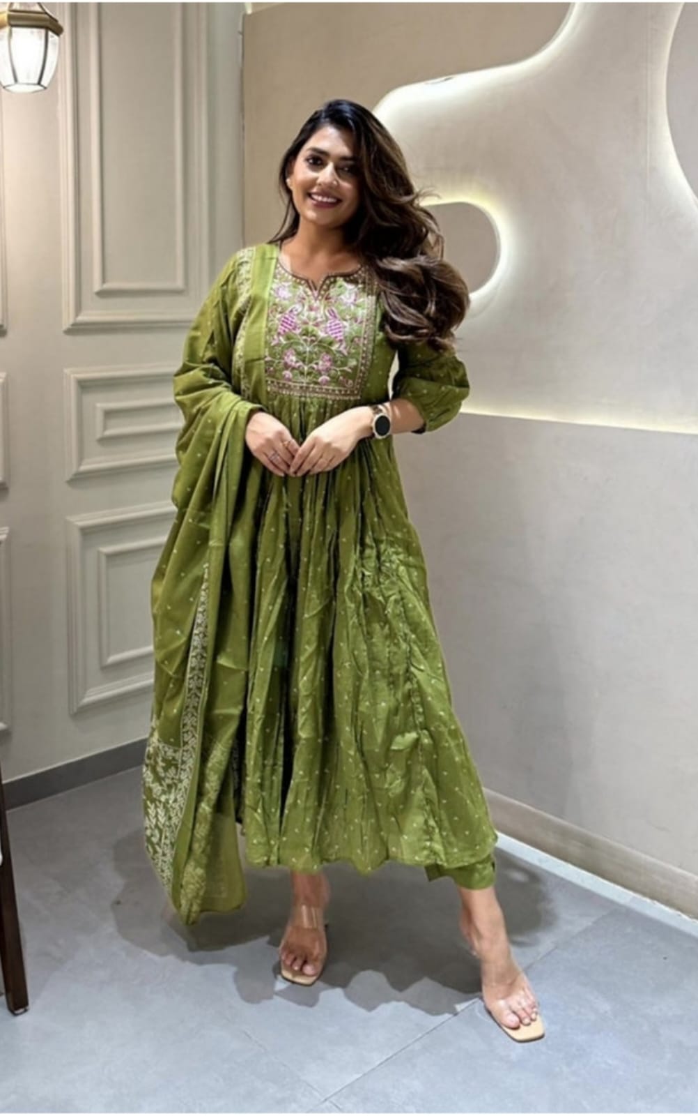 Cotton New Designer Kurta Pant And Dupatta Set  Green Anarkali