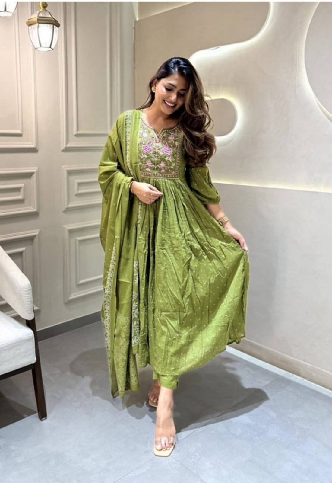 Cotton New Designer Kurta Pant And Dupatta Set  Green Anarkali