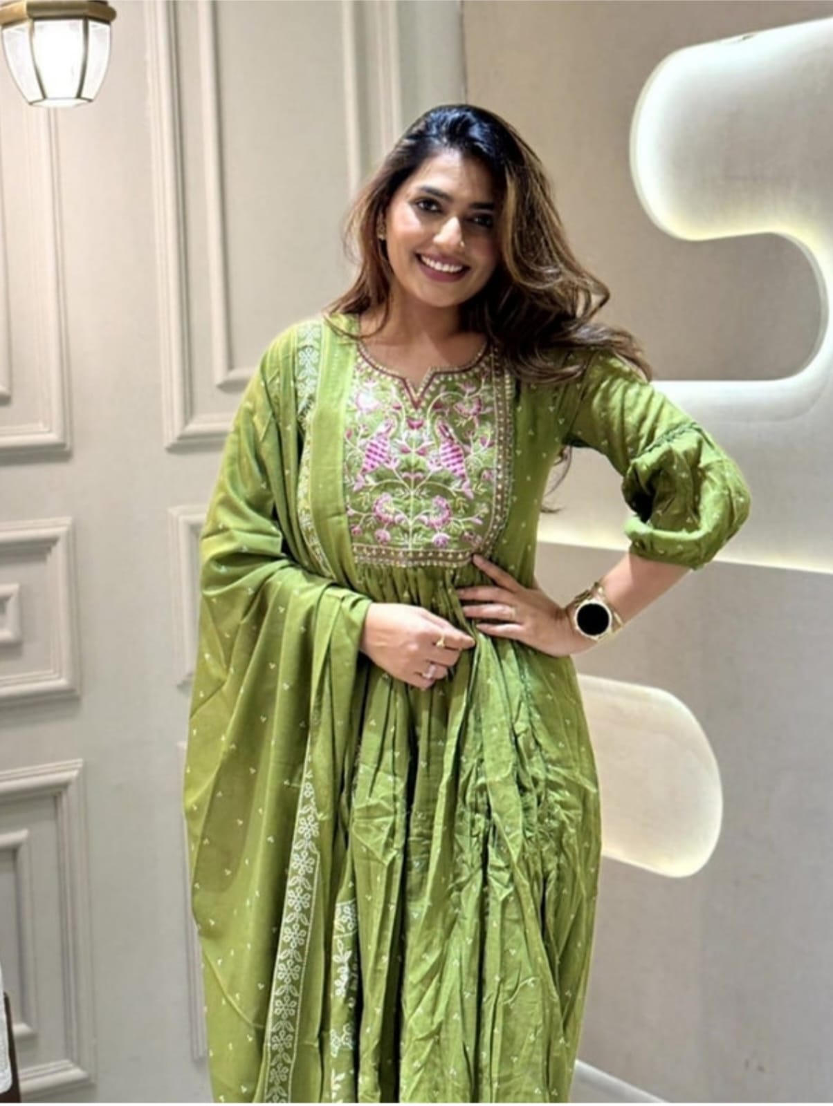 Cotton New Designer Kurta Pant And Dupatta Set  Green Anarkali