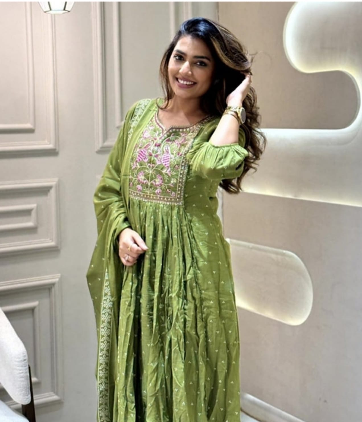 Cotton New Designer Kurta Pant And Dupatta Set  Green Anarkali