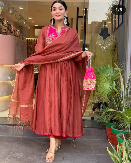 Cotton New Designer Kurta Pant And Dupatta Set  Meroon Anarkali
