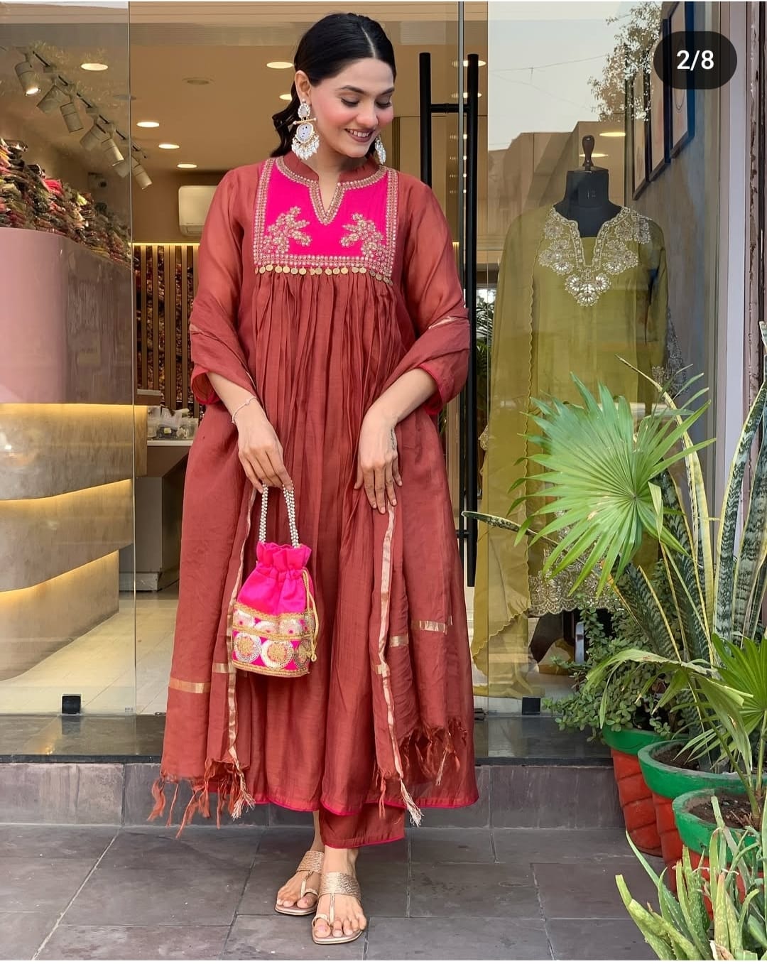 Cotton New Designer Kurta Pant And Dupatta Set  Meroon Anarkali