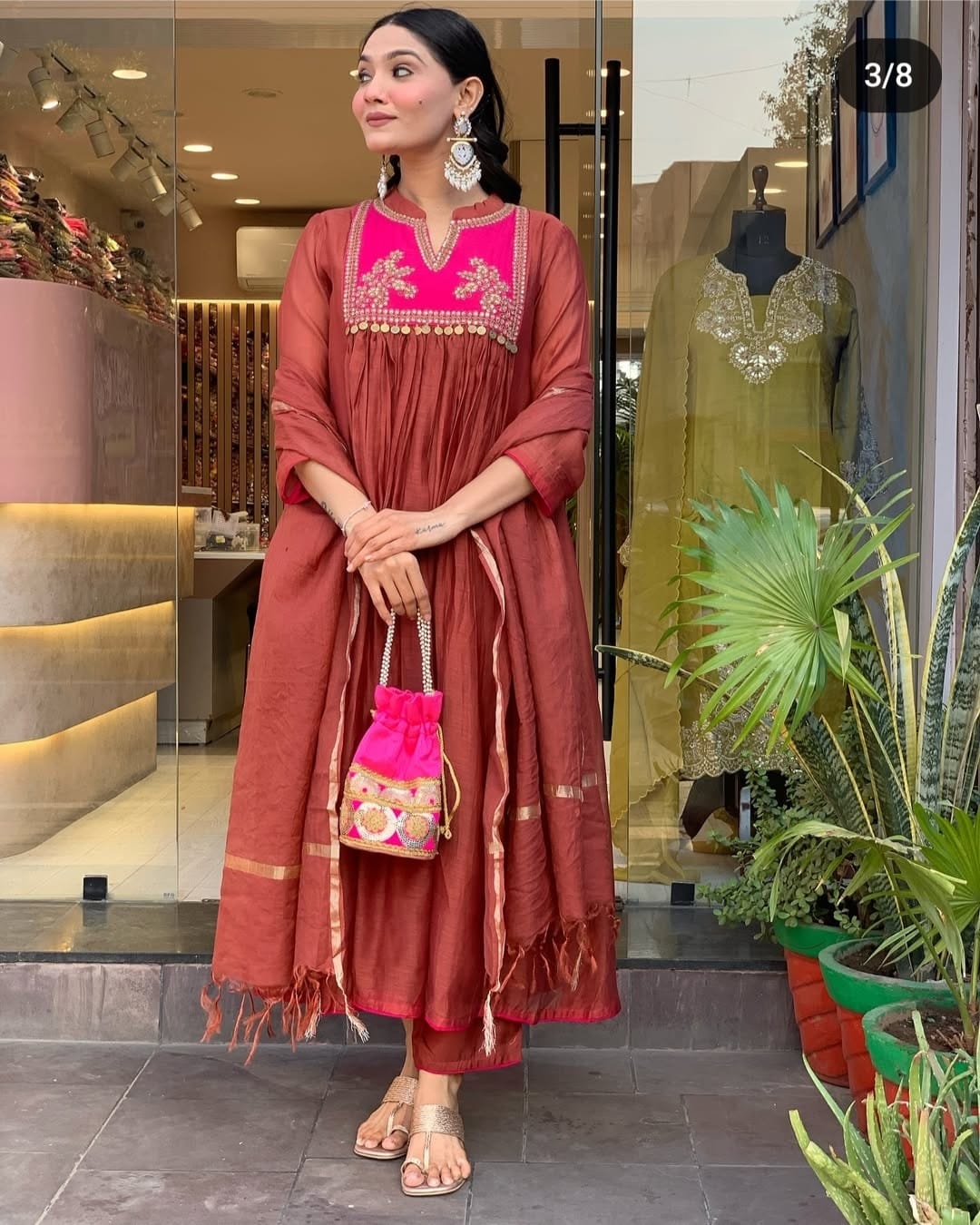 Cotton New Designer Kurta Pant And Dupatta Set  Meroon Anarkali