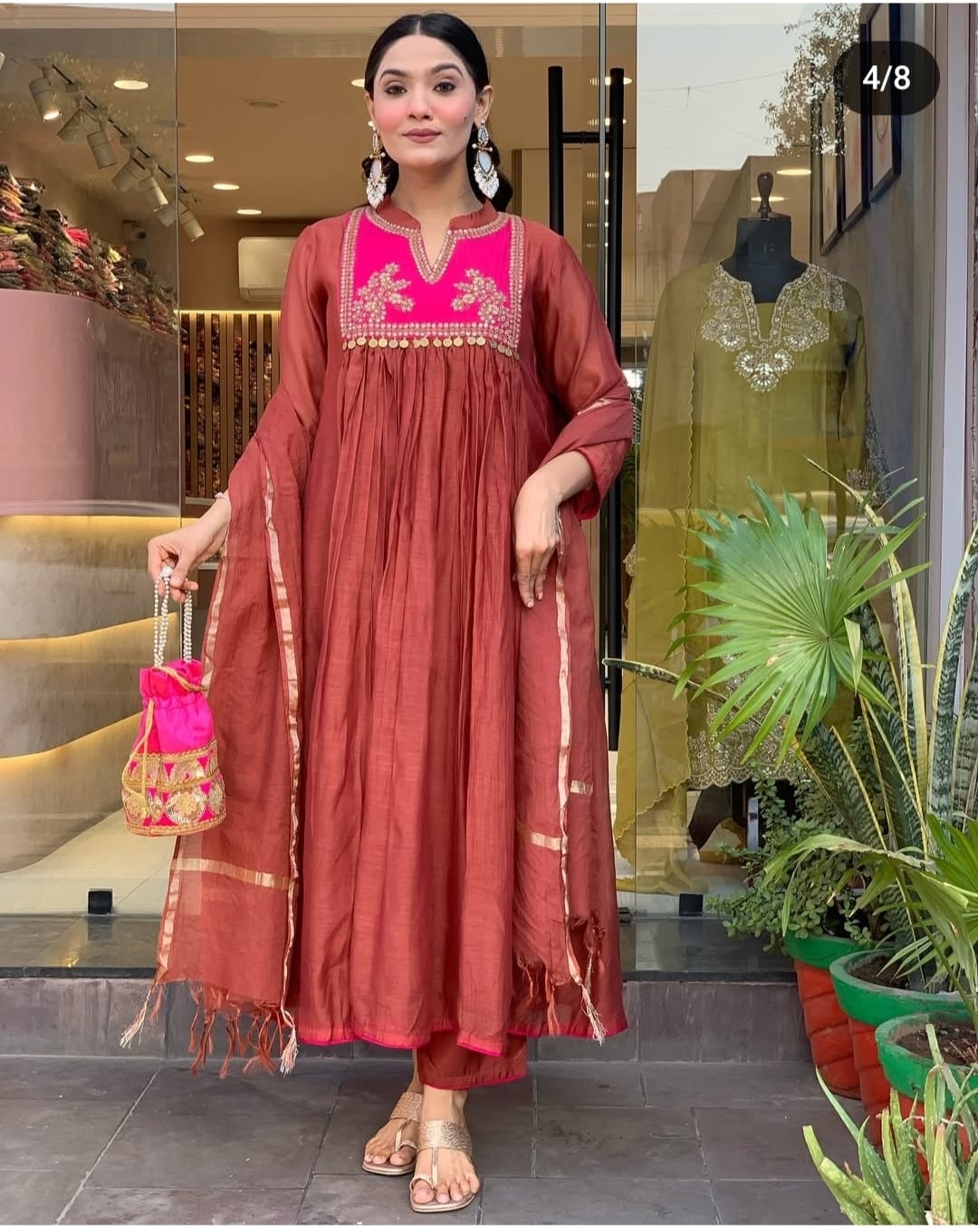 Cotton New Designer Kurta Pant And Dupatta Set  Meroon Anarkali