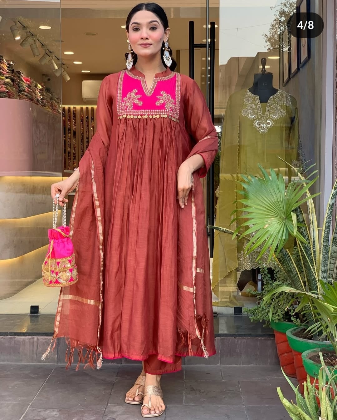Cotton New Designer Kurta Pant And Dupatta Set  Meroon Anarkali