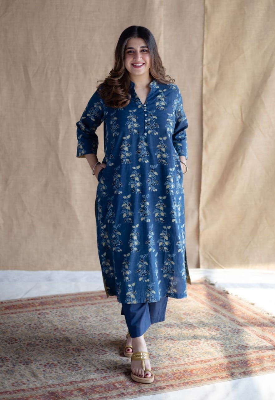 New Western Stylish Printed Kurta Pant Set Blue