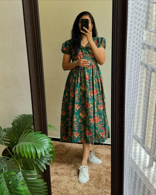 New Stylish Premium Party Dress Green Flower