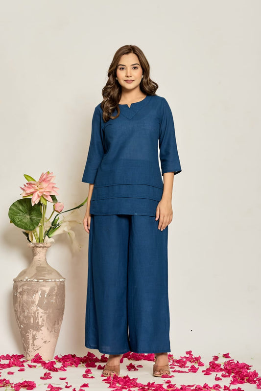 Womens Slub Kurta Pant Set Blue