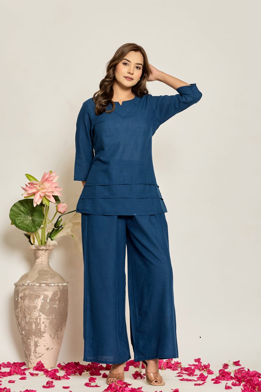 Womens Slub Kurta Pant Set Blue