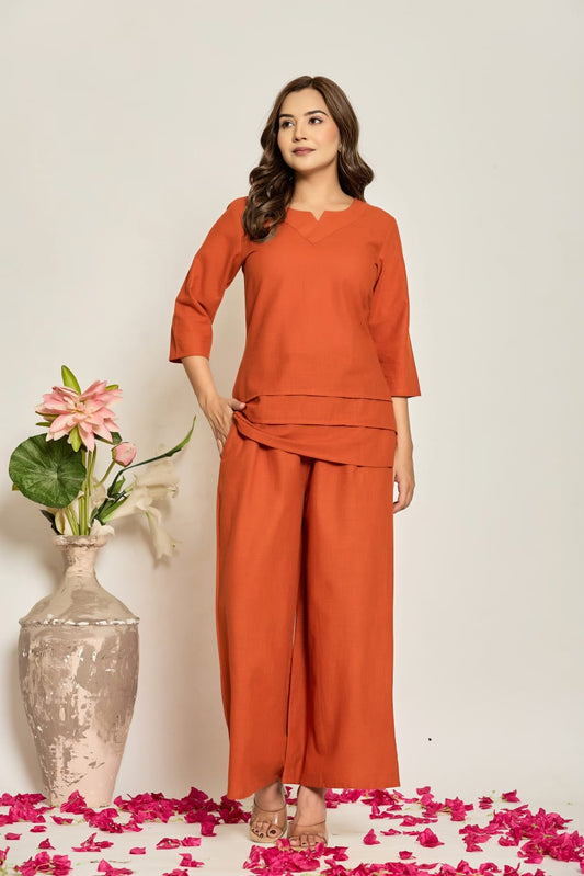 Womens Slub Kurta Pant Set Meroon