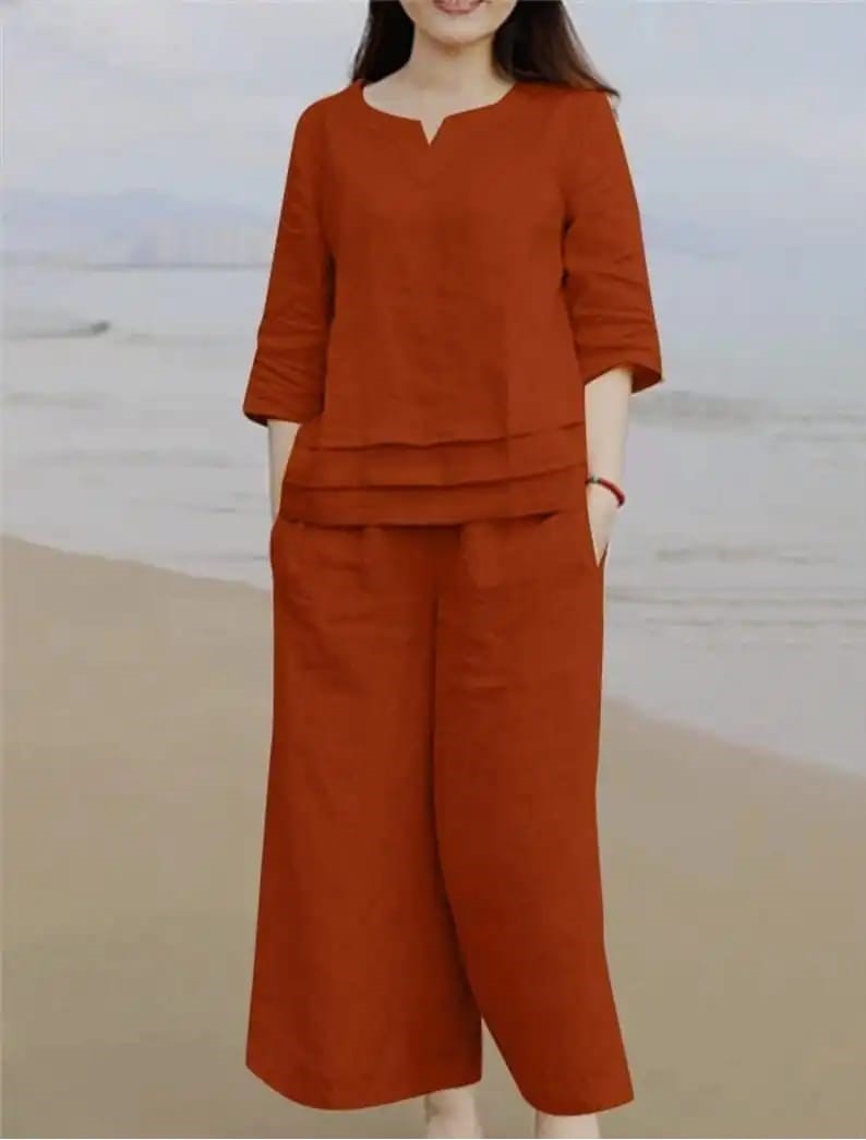 Womens Slub Kurta Pant Set Meroon