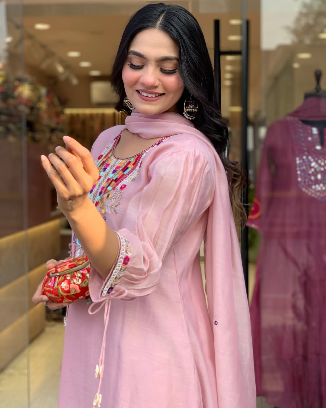Pink Slub Kurta Pant with Dupatta Set