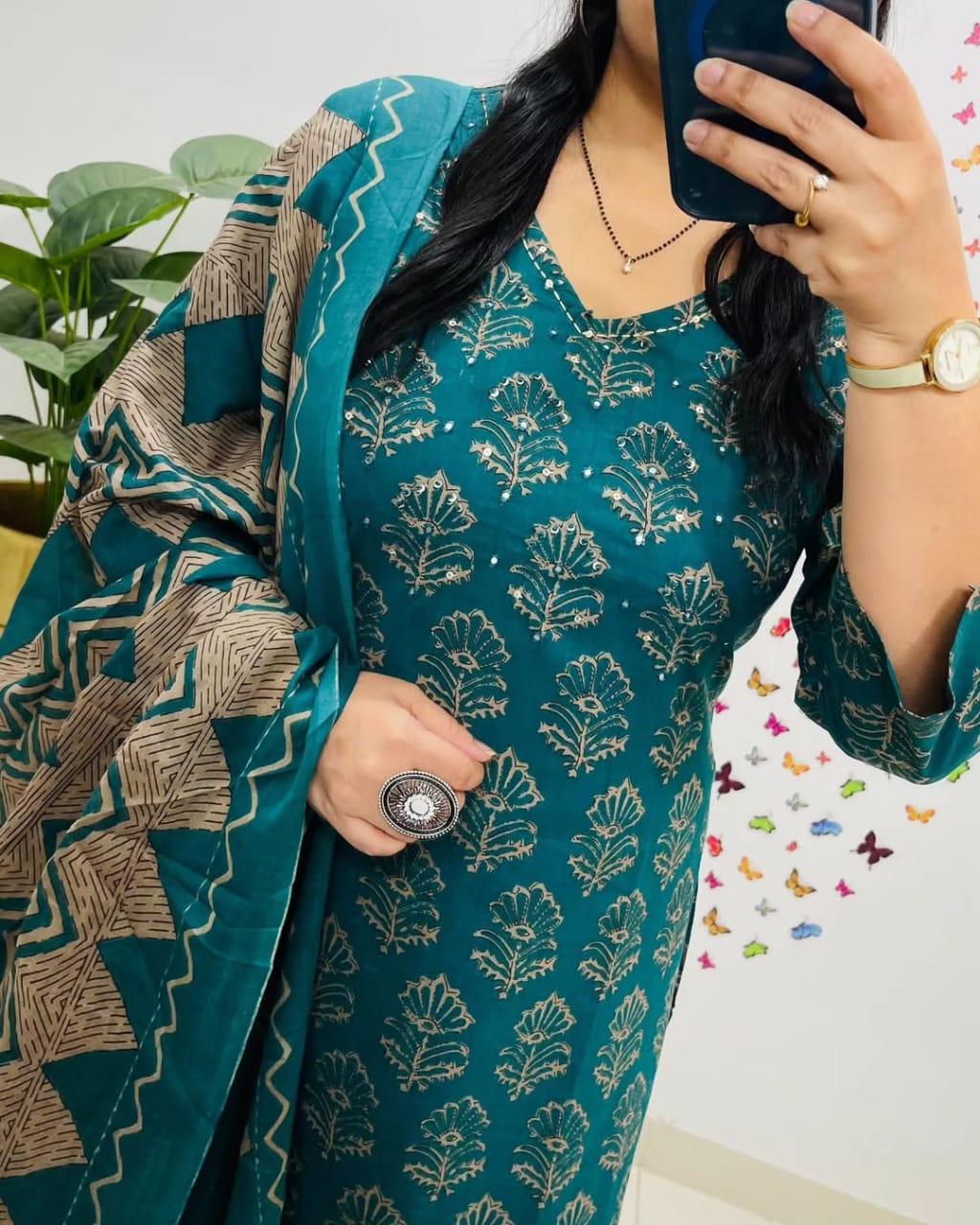 Zoya Kurta Pant With Dupatta Set Cotton Green