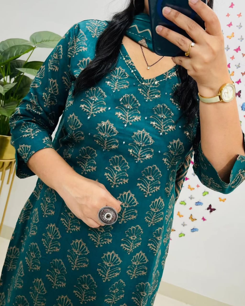 Zoya Kurta Pant With Dupatta Set Cotton Green