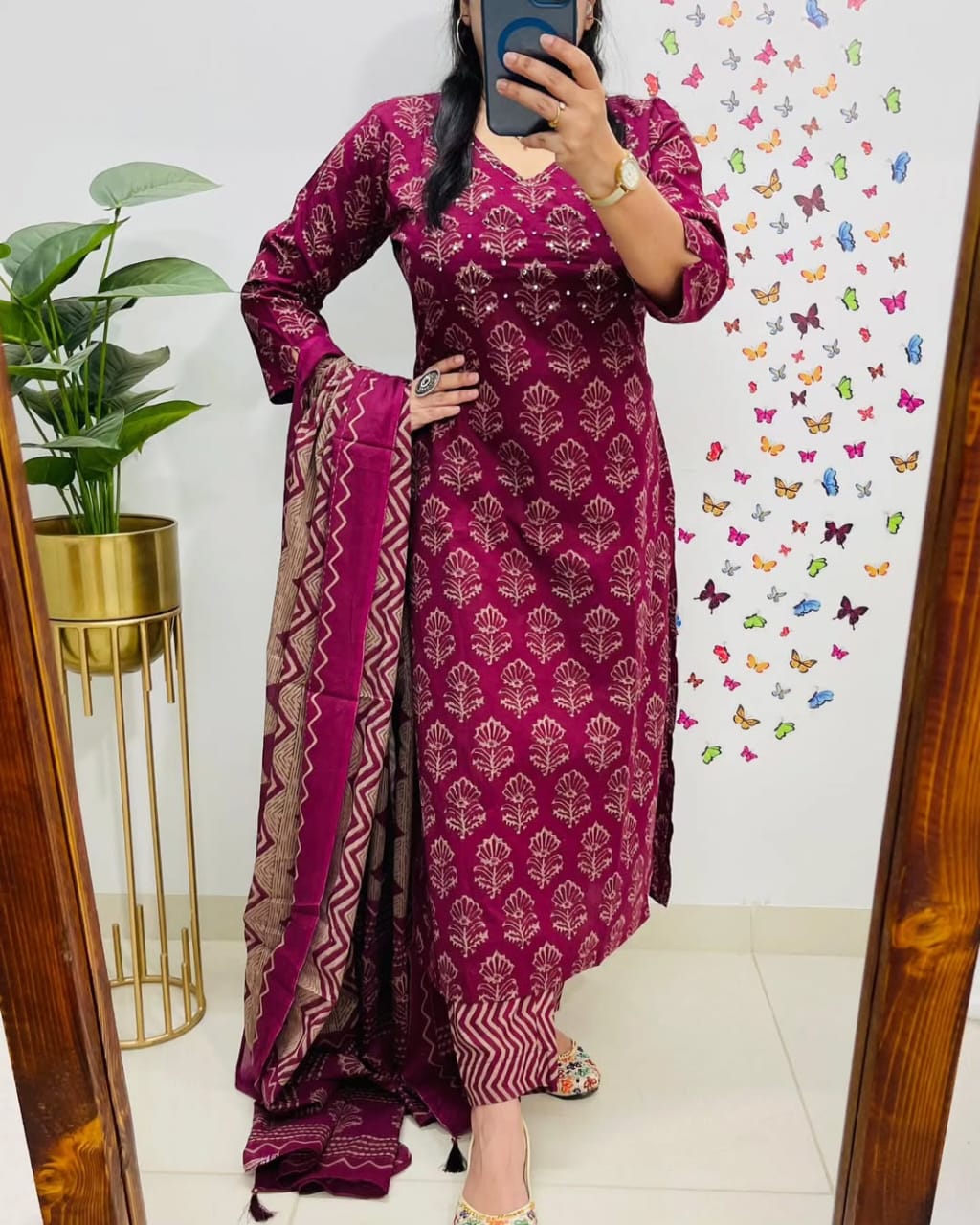 Alisha Kurta Pant with Dupatta Set Wine