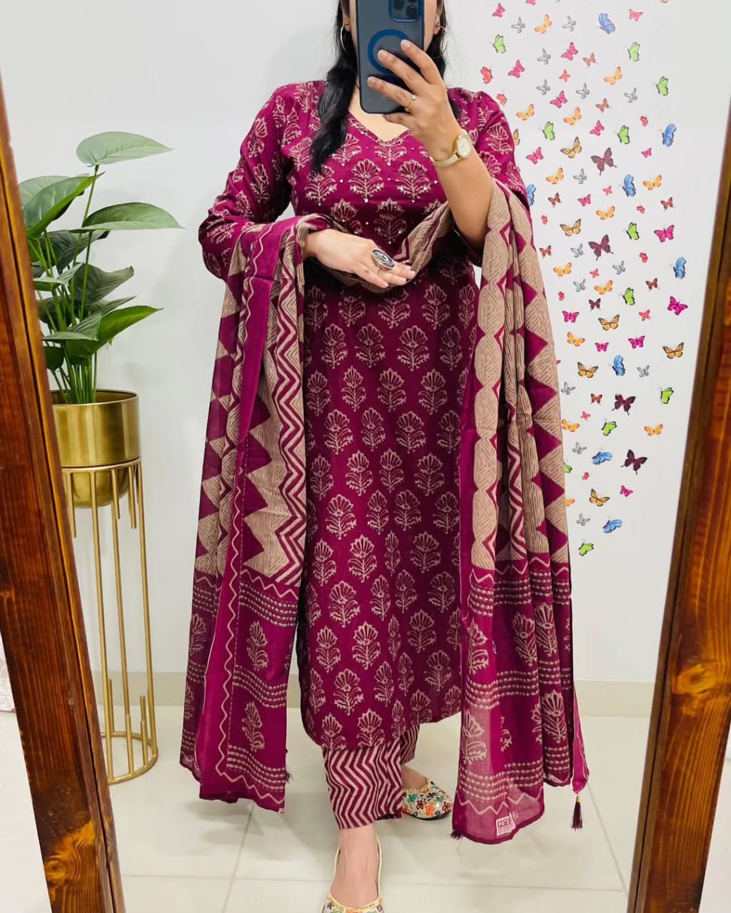 Alisha Kurta Pant with Dupatta Set Wine