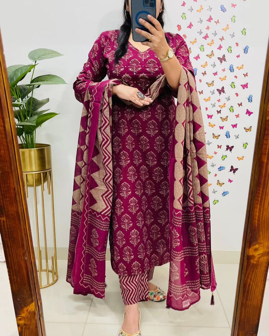 Alisha Kurta Pant with Dupatta Set Wine
