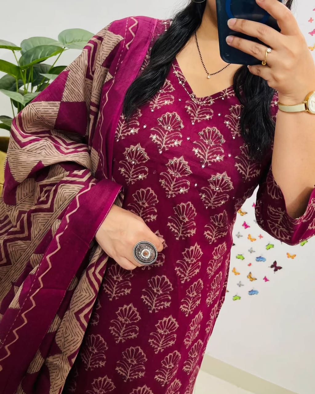 Alisha Kurta Pant with Dupatta Set Wine