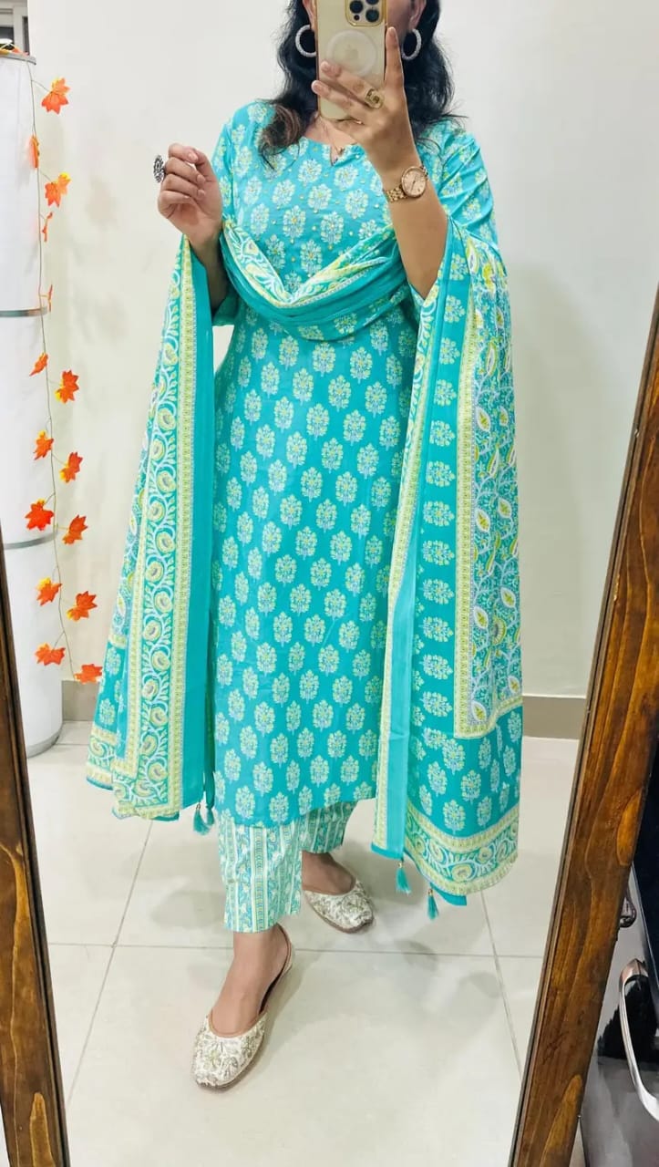 Sarah New Designer Kurta Pant With Dupatta Set Rama